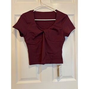 NWT WENLIA‎ Twist Front Crop Top Short Sleeve Maroon Athleisure Activewear